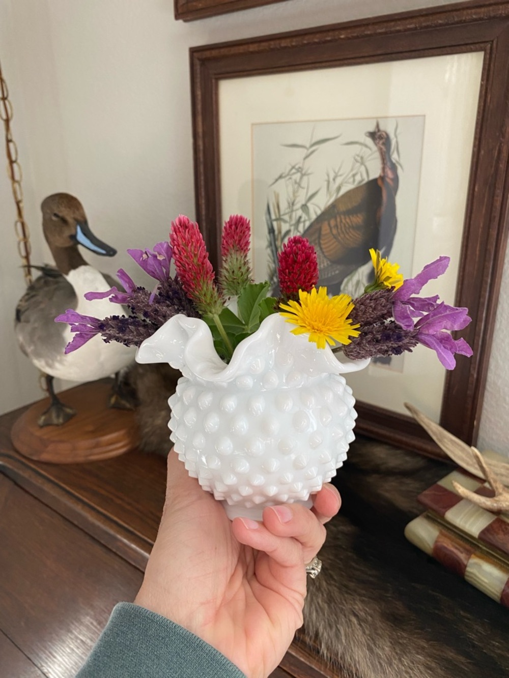 Vintage Fenton White Milk Glass Hobnail Rose Vase Ruffle Edge Vase